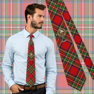 Clan Stewart Crest over Royal Tartan Neck Tie