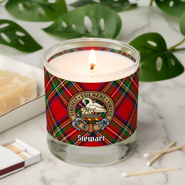 Clan Stewart Crest over Royal Tartan Scented Candle (Lit)