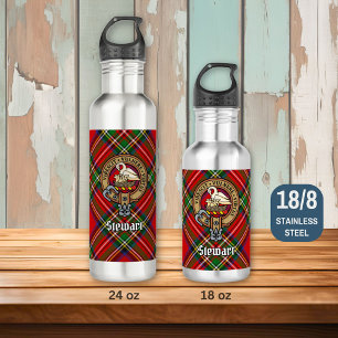 Clan Stewart Crest over Royal Tartan Stainless Steel Water Bottle
