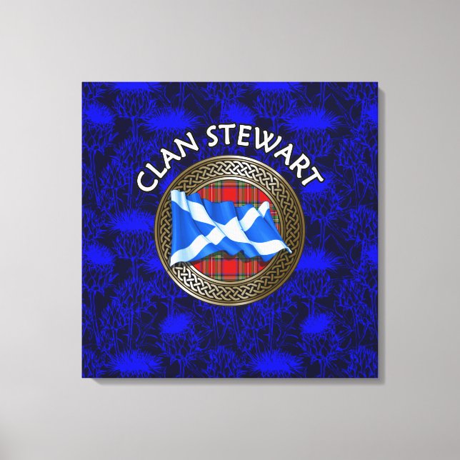 Clan Stewart Crest & Tartan Knot on Thistle Canvas Print (Front)