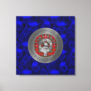 Clan Stewart Crest & Tartan Knot on Thistle Canvas Print