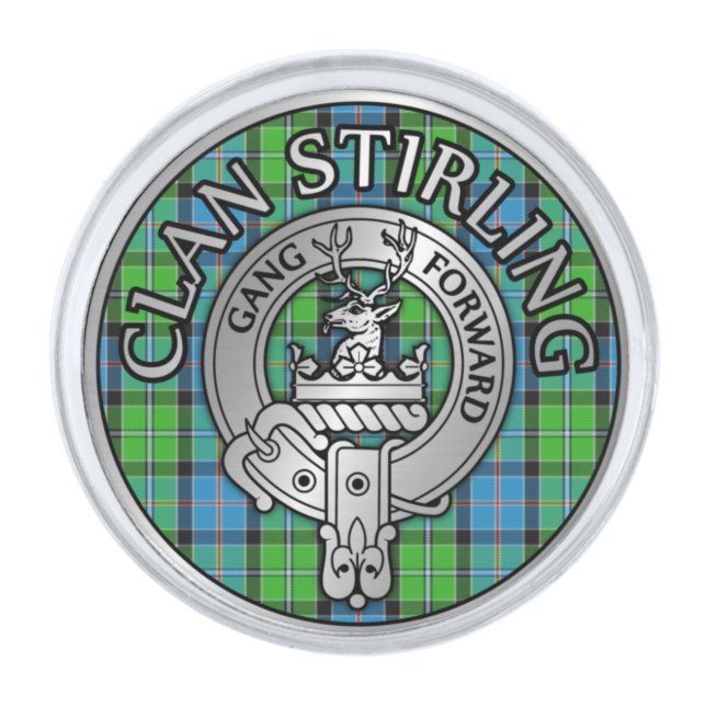 Clan Stirling Crest & Tartan Knot Silver Finish Lapel Pin (Front)