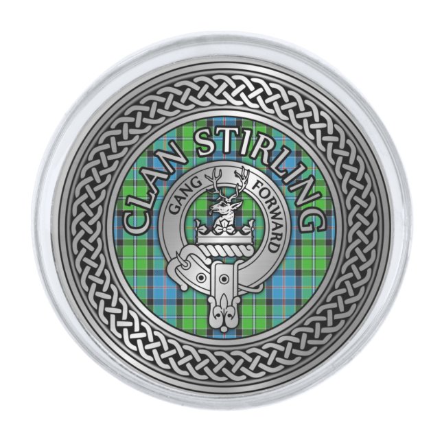 Clan Stirling Crest & Tartan Knot Silver Finish Lapel Pin (Front)