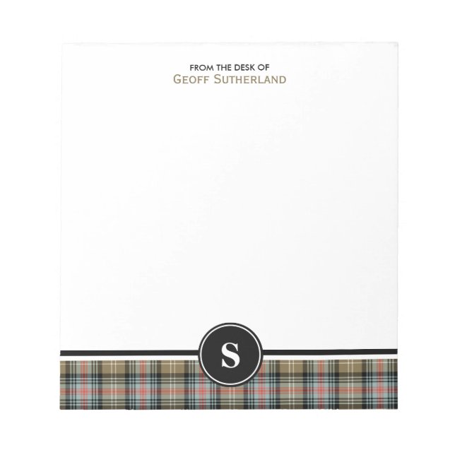 Clan Sutherland Ancient Tartan Tan Plaid Monogram Notepad (Front)