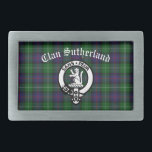 Clan Sutherland Crest & Tartan Belt Buckle<br><div class="desc">Clan Sutherland Modern Tartan background with clan crest badge and customizable text overlay</div>