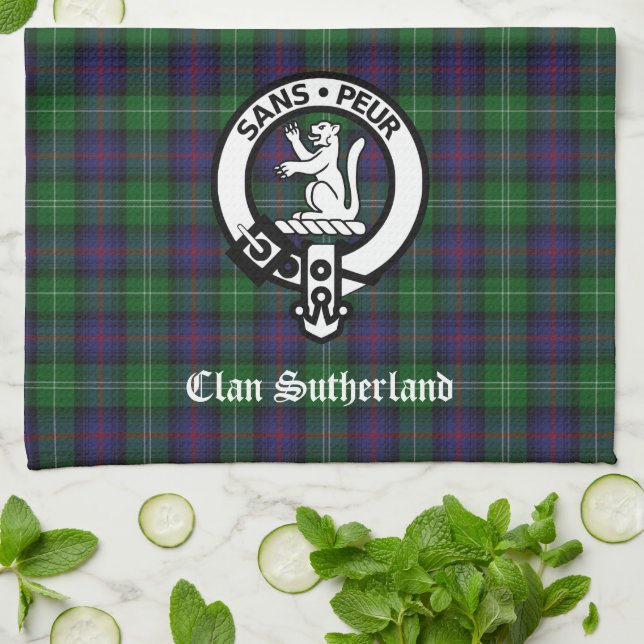 Clan Sutherland Crest & Tartan  Kitchen Towel (Folded)
