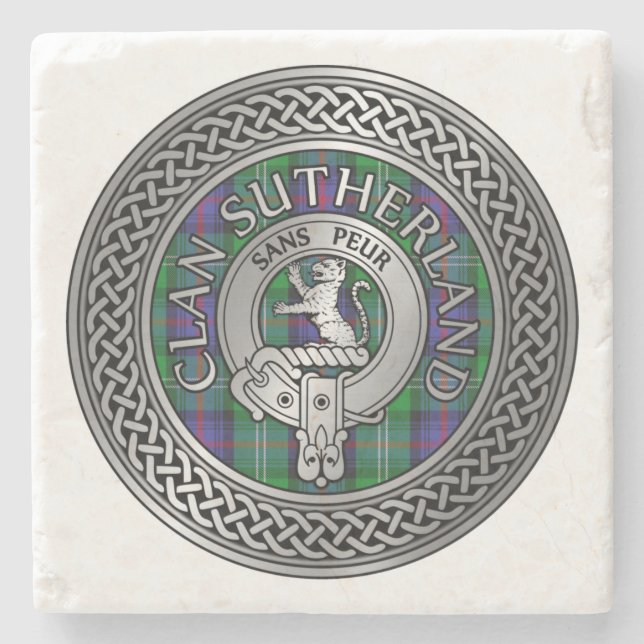Clan Sutherland Crest & Tartan Knot Stone Coaster (Front)