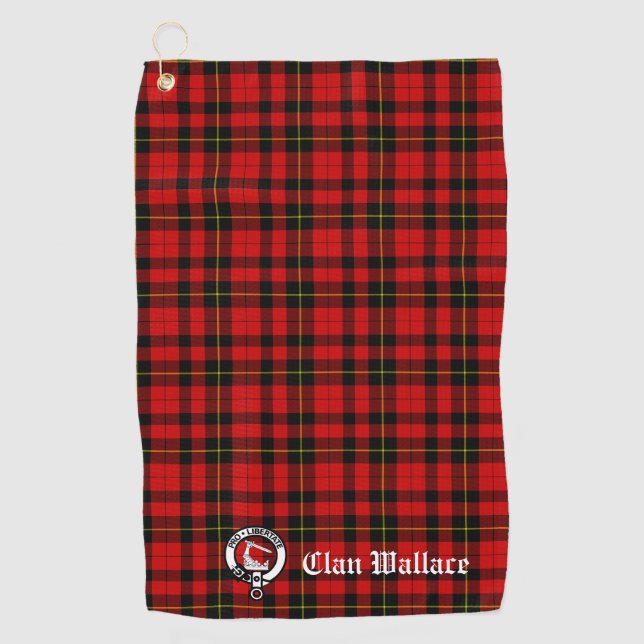 Clan Wallace Crest Badge and Tartan Customizable Golf Towel (Front)