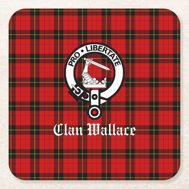 Clan Wallace Crest Badge and Tartan Square Paper Coaster (Front)