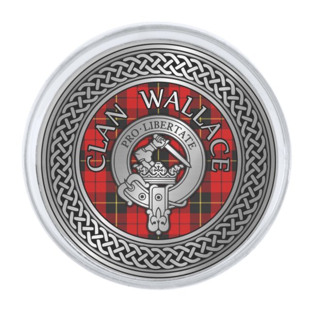Clan Wallace Crest & Tartan Knot Silver Finish Lapel Pin (Front)