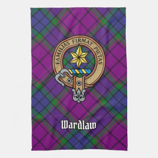 Clan Wardlaw Crest over Tartan Kitchen Towel (Vertical)