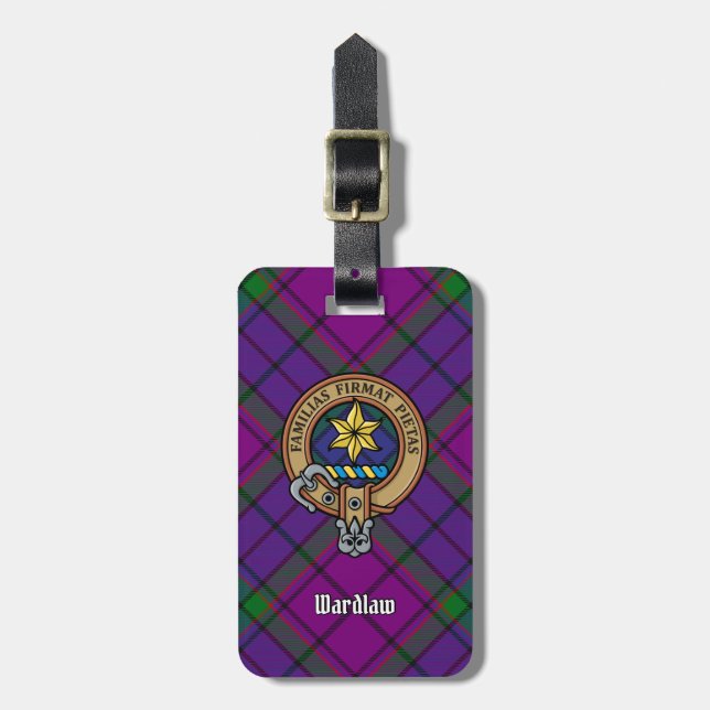 Clan Wardlaw Crest over Tartan Luggage Tag (Front Vertical)