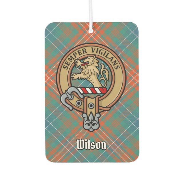 Clan Wilson Crest over Ancient Tartan Air Freshener (Front)