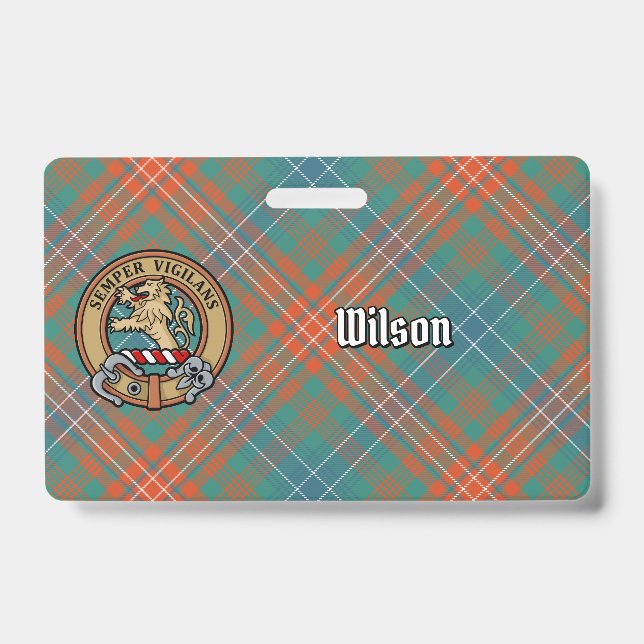 Clan Wilson Crest over Ancient Tartan Badge (Front)