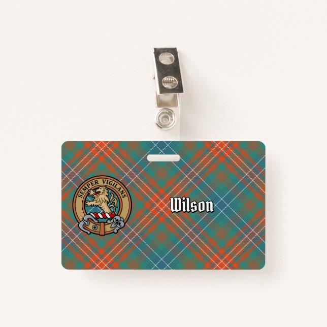 Clan Wilson Crest over Ancient Tartan Badge (Front with Clip)