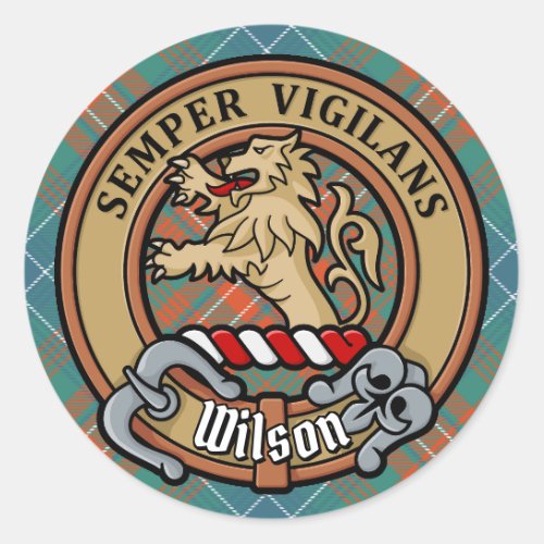 Clan Wilson Crest over Ancient Tartan Classic Round Sticker