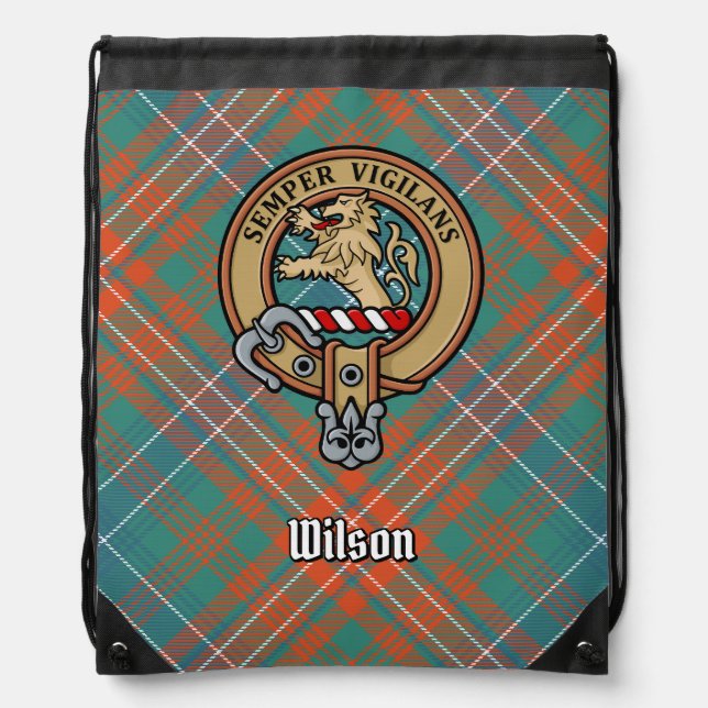 Clan Wilson Crest over Ancient Tartan Drawstring Bag (Front)