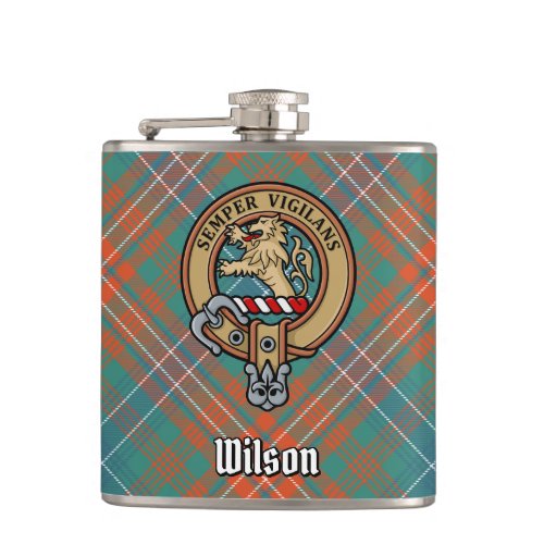 Clan Wilson Crest over Ancient Tartan Flask