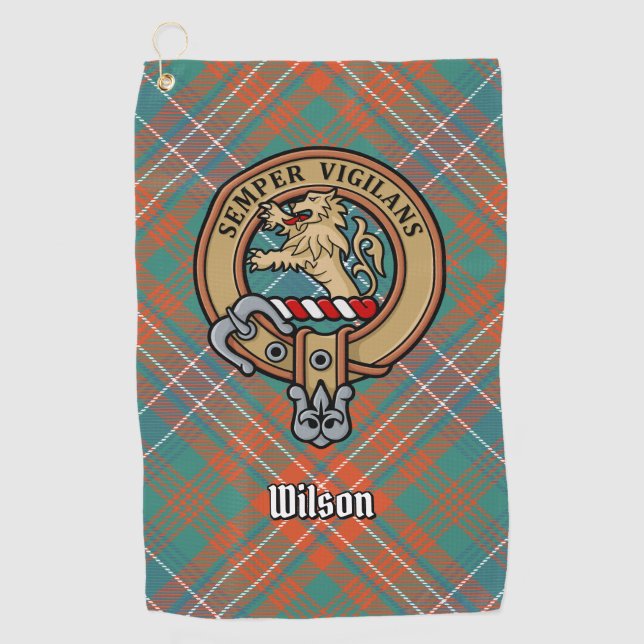 Clan Wilson Crest over Ancient Tartan Golf Towel (Front)