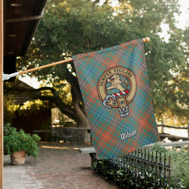 Clan Wilson Crest over Ancient Tartan House Flag (In SItu)