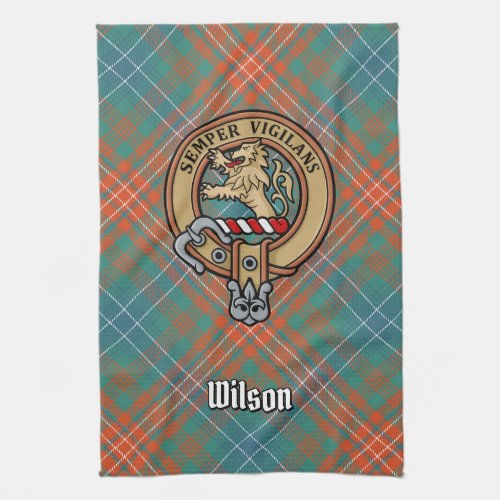 Clan Wilson Crest over Ancient Tartan Kitchen Towel