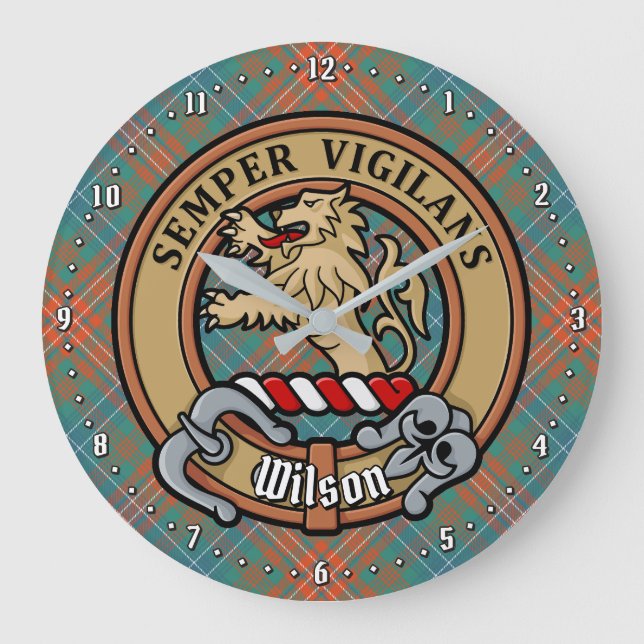 Clan Wilson Crest over Ancient Tartan Large Clock (Front)