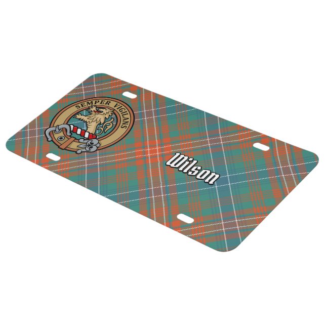 Clan Wilson Crest over Ancient Tartan License Plate (Side)