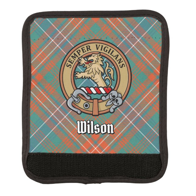 Clan Wilson Crest over Ancient Tartan Luggage Handle Wrap (Front)