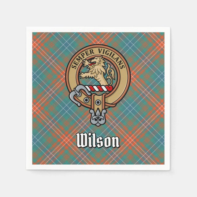 Clan Wilson Crest over Ancient Tartan Napkins (Front)