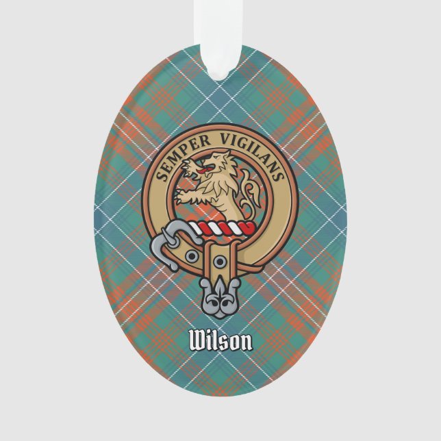Clan Wilson Crest over Ancient Tartan Ornament (Front)
