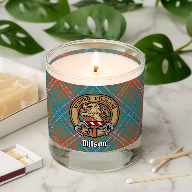 Clan Wilson Crest over Ancient Tartan Scented Candle (Lit)