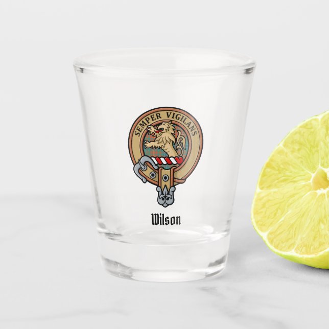 Clan Wilson Crest over Ancient Tartan Shot Glass (Front)