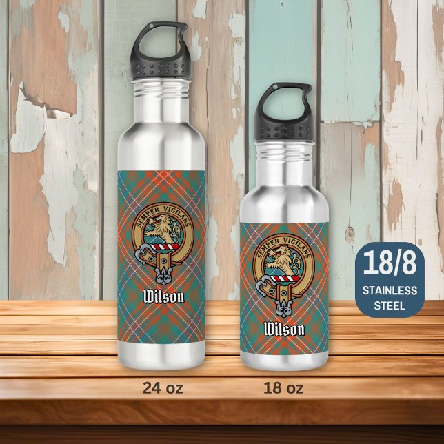 Clan Wilson Crest over Ancient Tartan Stainless Steel Water Bottle (Creator Uploaded)