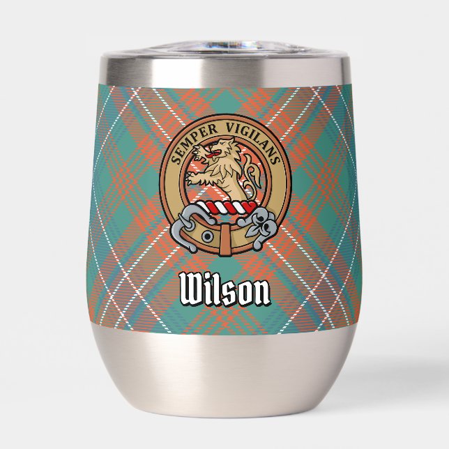 Clan Wilson Crest over Ancient Tartan Thermal Wine Tumbler (Front)