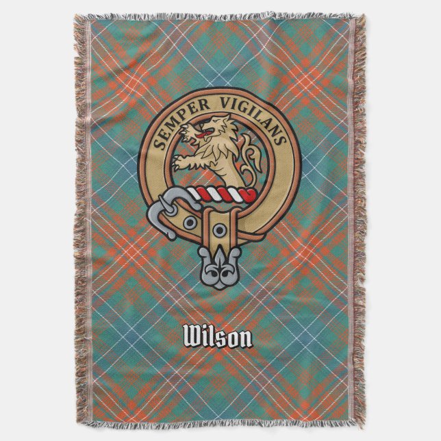 Clan Wilson Crest over Ancient Tartan Throw Blanket (Front Vertical)