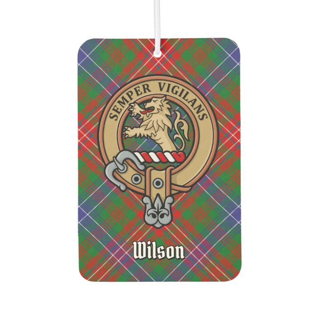 Clan Wilson Crest over Modern Tartan Air Freshener (Front)