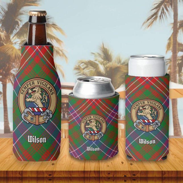 Clan Wilson Crest over Modern Tartan Bottle Cooler (Creator Uploaded)