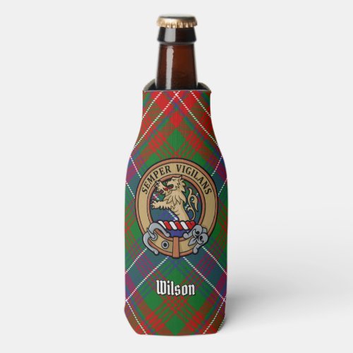 Clan Wilson Crest over Modern Tartan Bottle Cooler