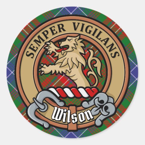 Clan Wilson Crest over Modern Tartan Classic Round Sticker