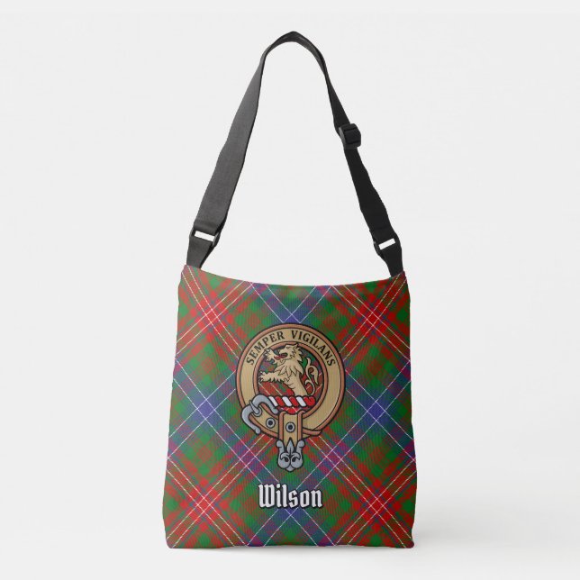 Clan Wilson Crest over Modern Tartan Crossbody Bag (Front)