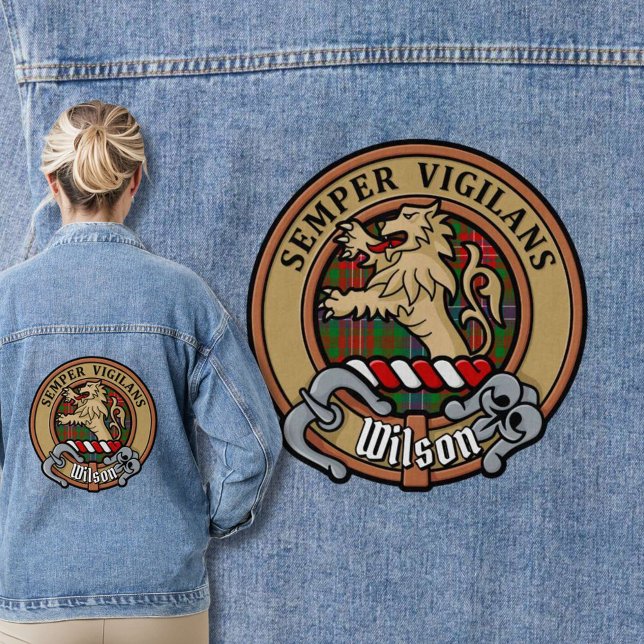Clan Wilson Crest over Modern Tartan Denim Jacket (Creator Uploaded)