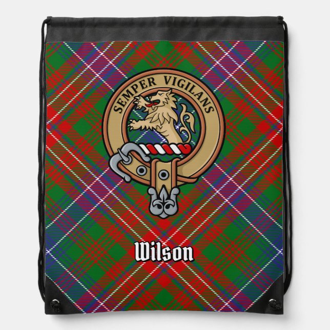 Clan Wilson Crest over Modern Tartan Drawstring Bag (Front)