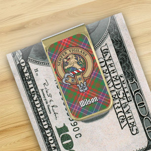Clan Wilson Crest over Modern Tartan Gold Finish Money Clip