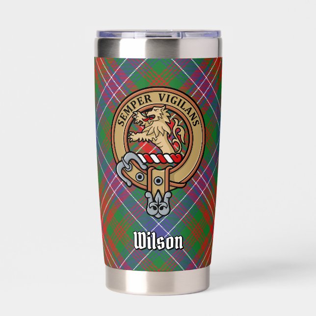 Clan Wilson Crest over Modern Tartan Insulated Tumbler (Front)
