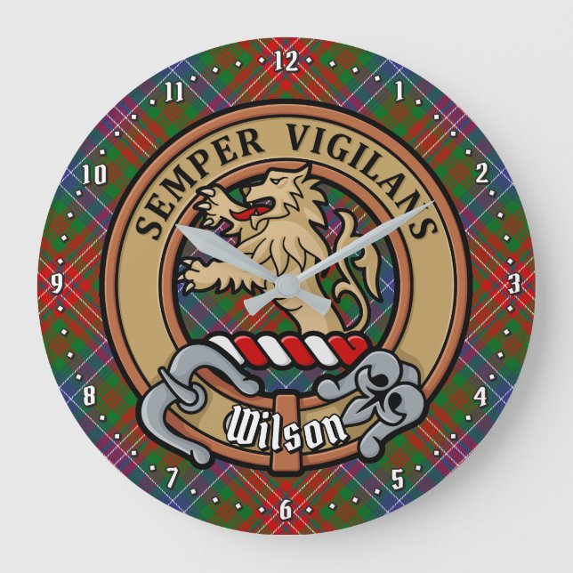 Clan Wilson Crest over Modern Tartan Large Clock (Front)