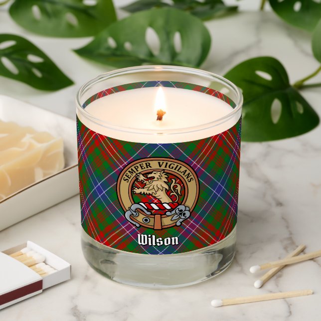 Clan Wilson Crest over Modern Tartan Scented Candle (Lit)
