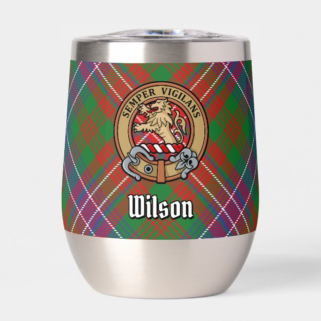 Clan Wilson Crest over Modern Tartan Thermal Wine Tumbler (Front)