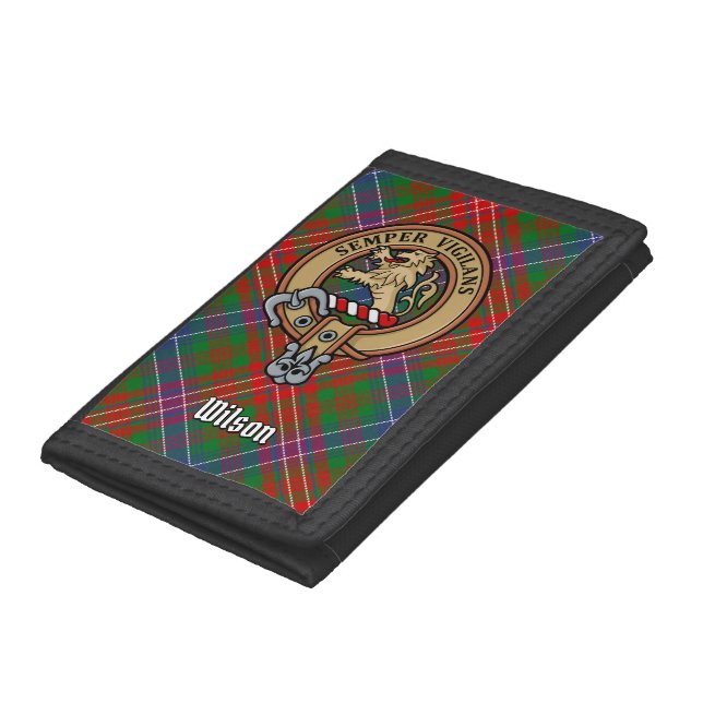 Clan Wilson Crest over Modern Tartan Trifold Wallet (Bottom)