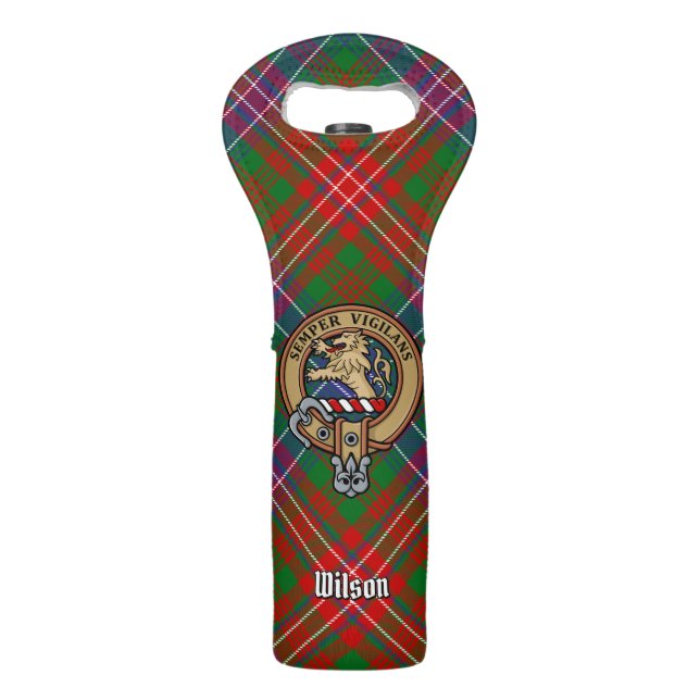 Clan Wilson Crest over Modern Tartan Wine Bag (Front)