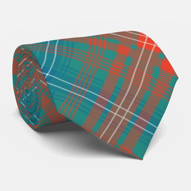 Clan Wilson Tartan Plaid Orange Turquoise Pattern Neck Tie (Rolled)